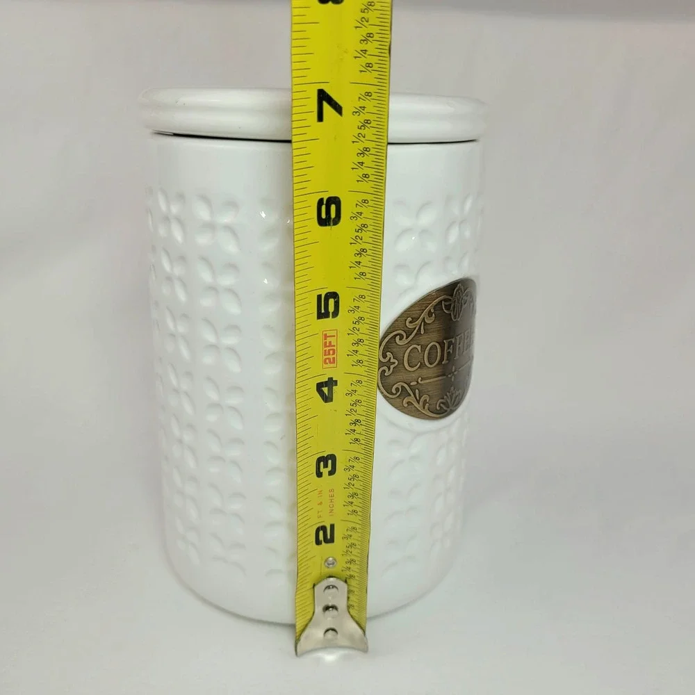 THL White Ceramic Coffee Canister Embossed Quatrefoil Brass Plaque Farmhouse